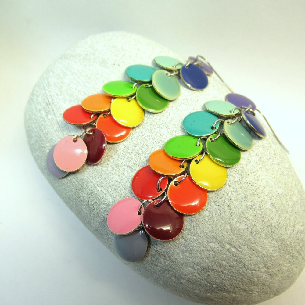 Long rainbow enamel dangle earrings